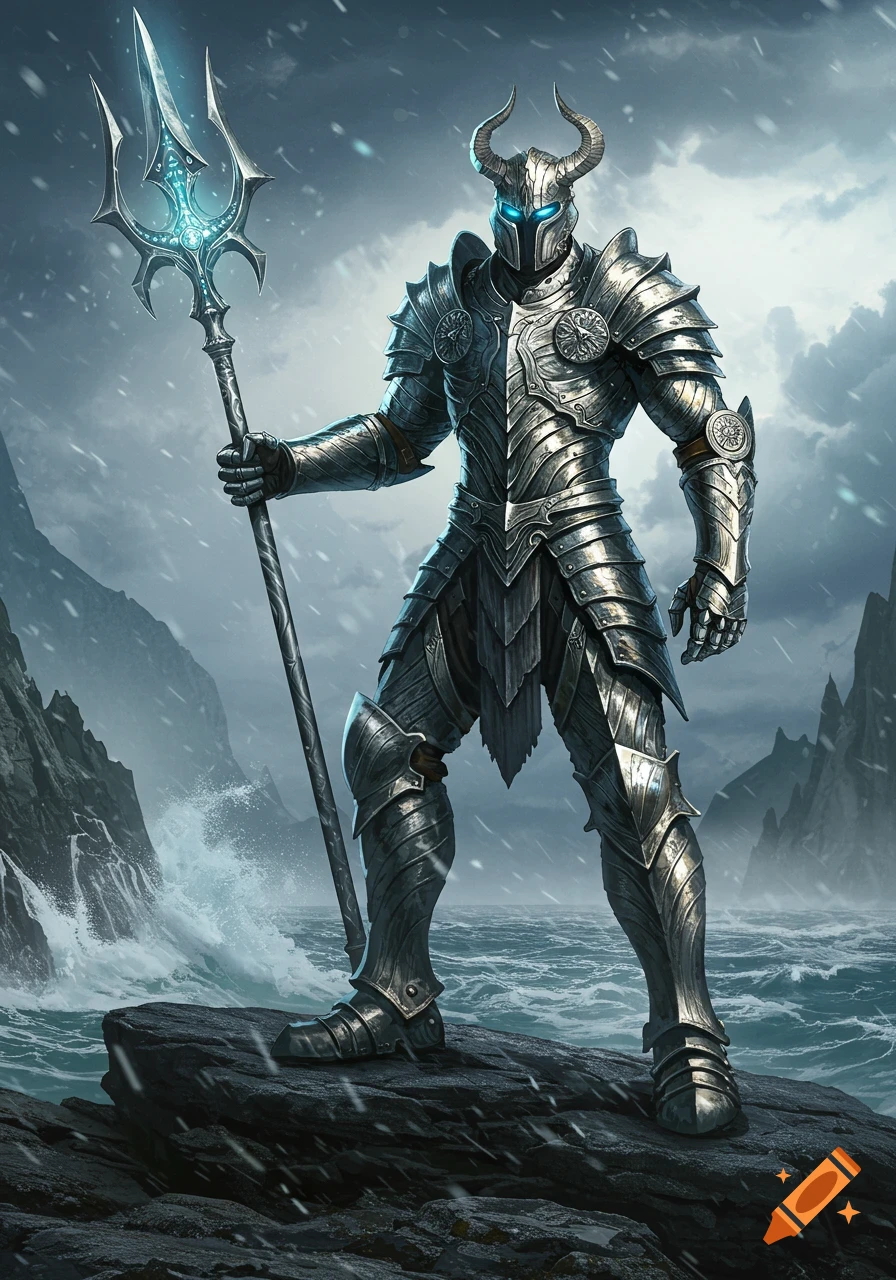 A full-body view of a horned warrior in detailed silver armor with glowing blue eyes, holding a glowing silver trident on a rocky cliff overlooking a stormy, snowy sea.