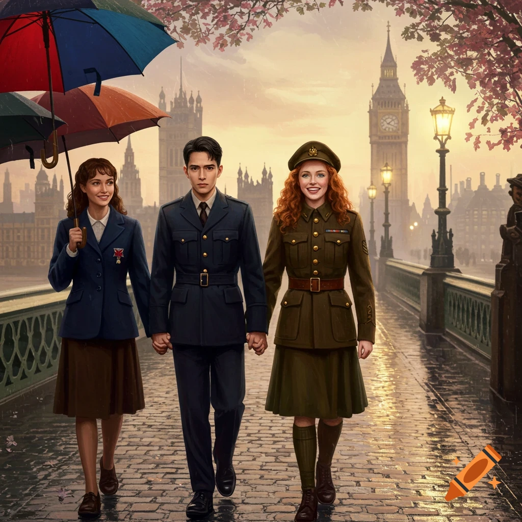 Illustrative depiction of three people, two women and a man, in 1940s uniforms walking under umbrellas on a wet London bridge with Big Ben in the background.