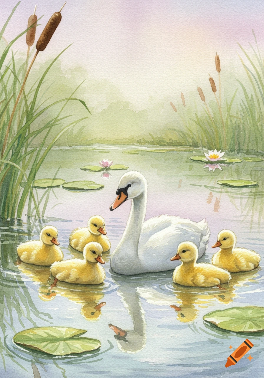 A white swan swims in a pond surrounded by five yellow ducklings, lily pads, and cattails, in a watercolor illustration.