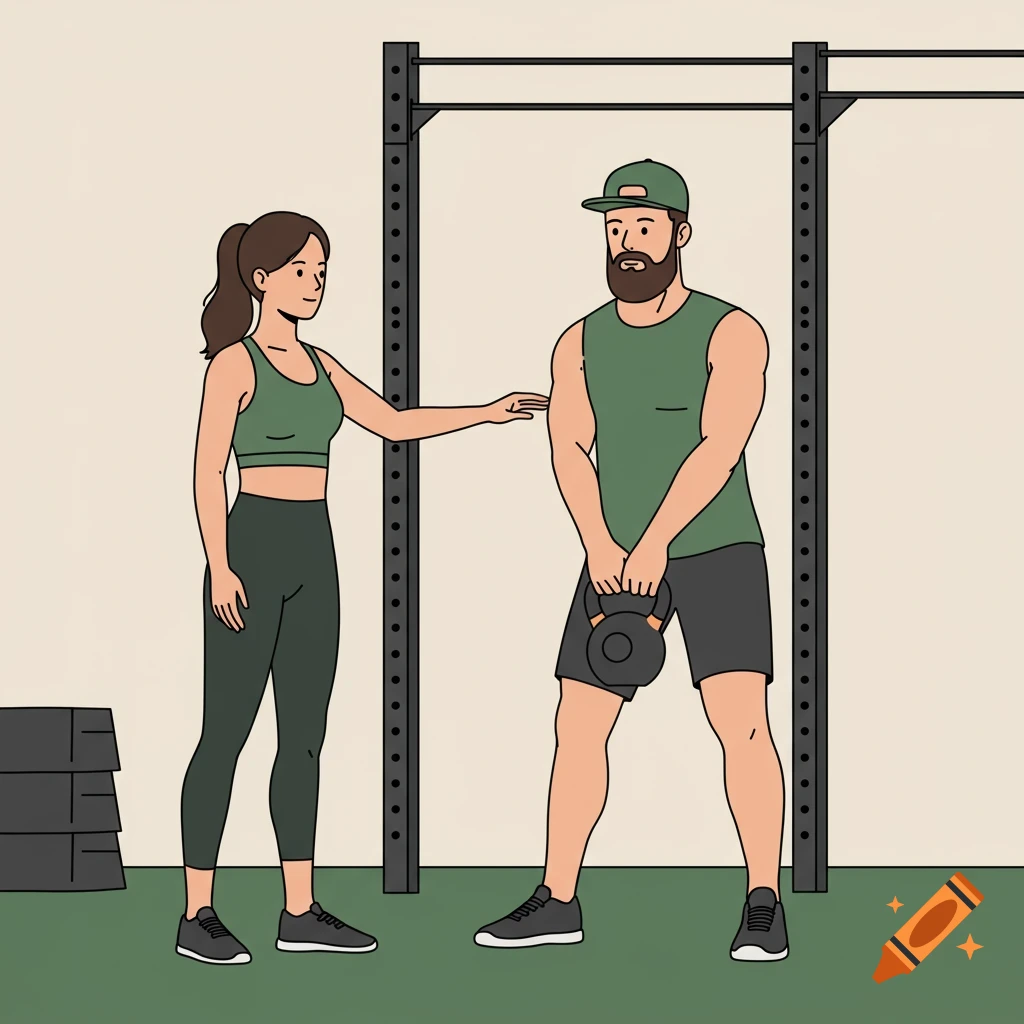 An illustration of a woman instructing a man in a gym as he lifts a kettlebell.