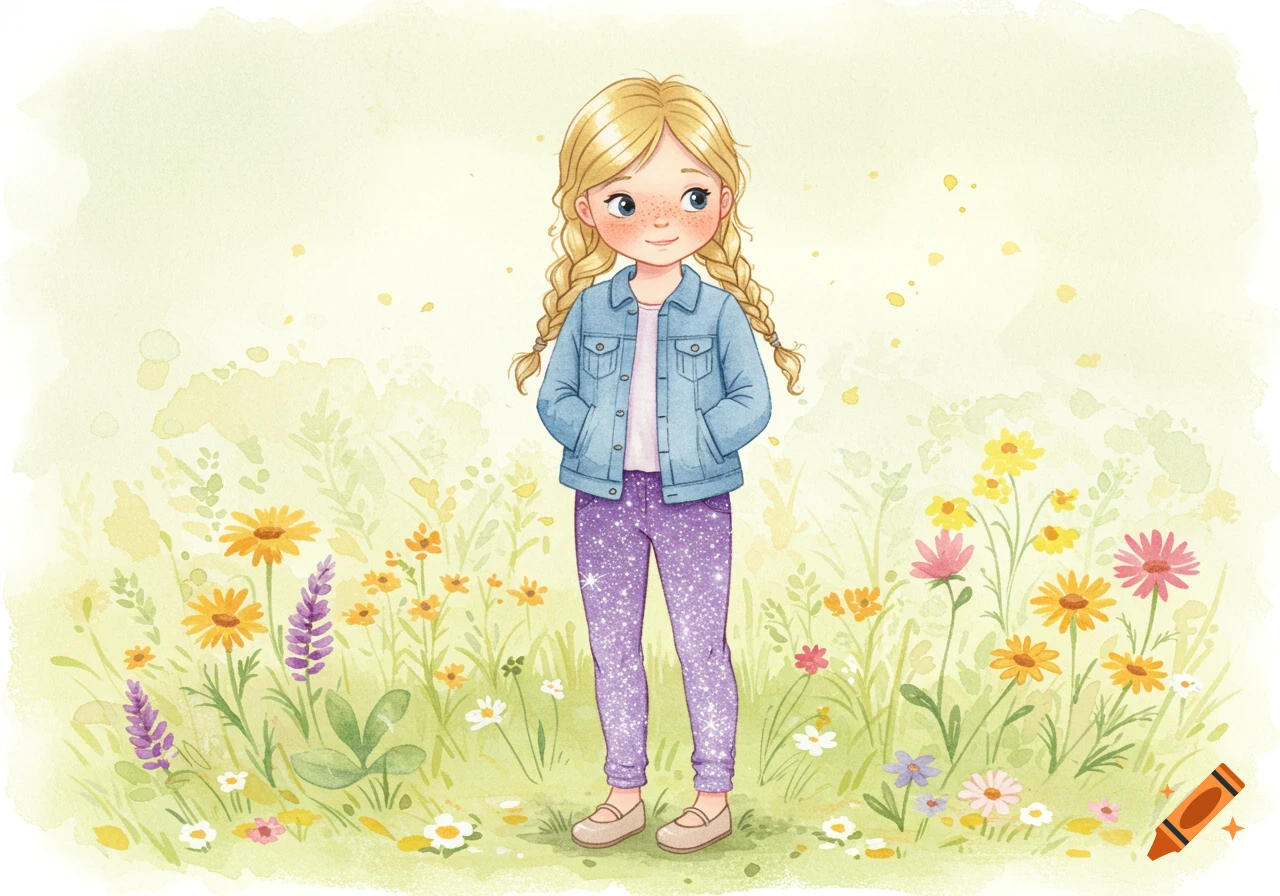 A blonde girl with braided pigtails, freckles, wearing a jean jacket and sparkly purple pants, stands in a field of watercolor flowers.