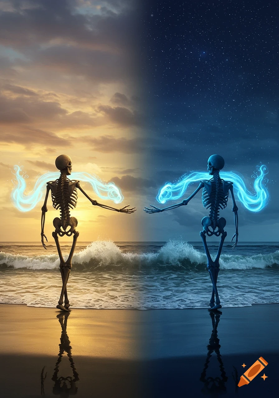 Two skeletons, one brown and one blue, stand on a beach split between day and night, reaching out with glowing blue energy.