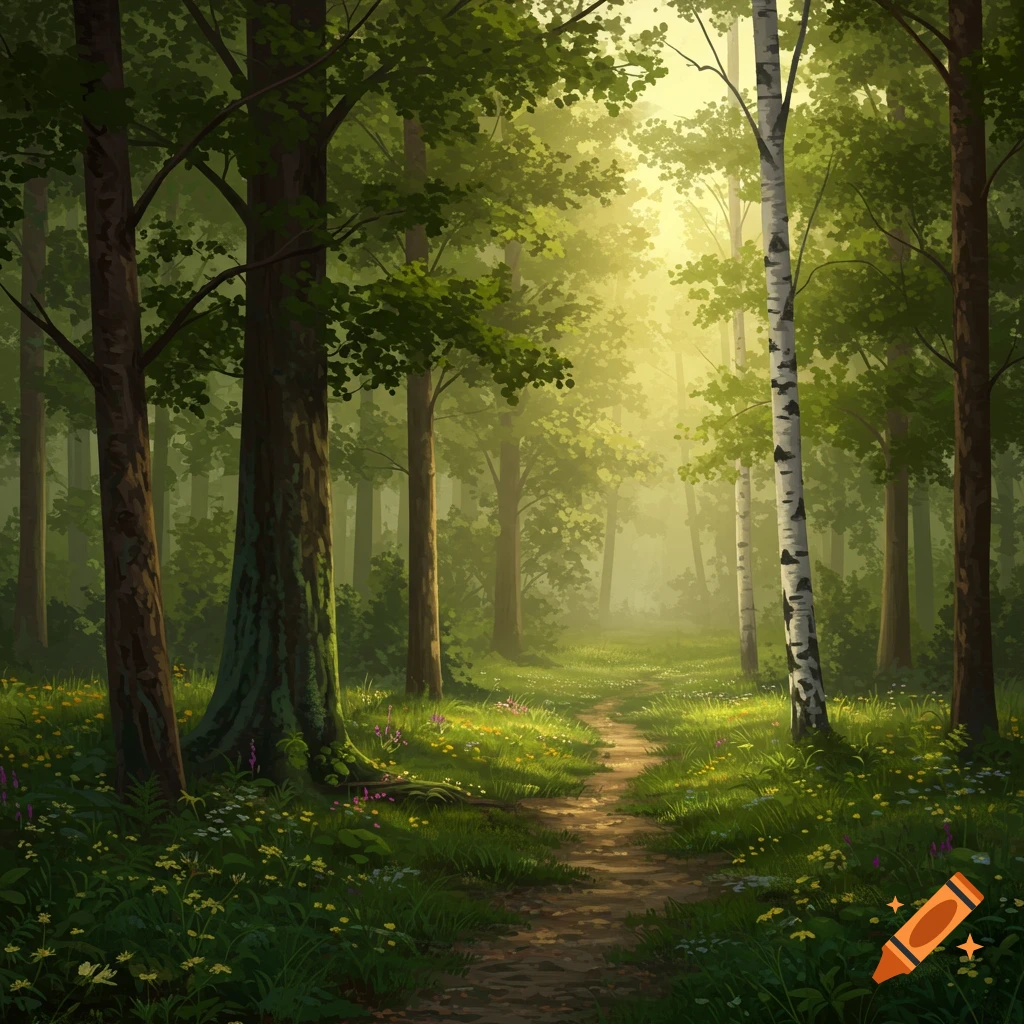 A path winds through a sunlit forest with green trees, lush grass, and wildflowers in a detailed digital art style.