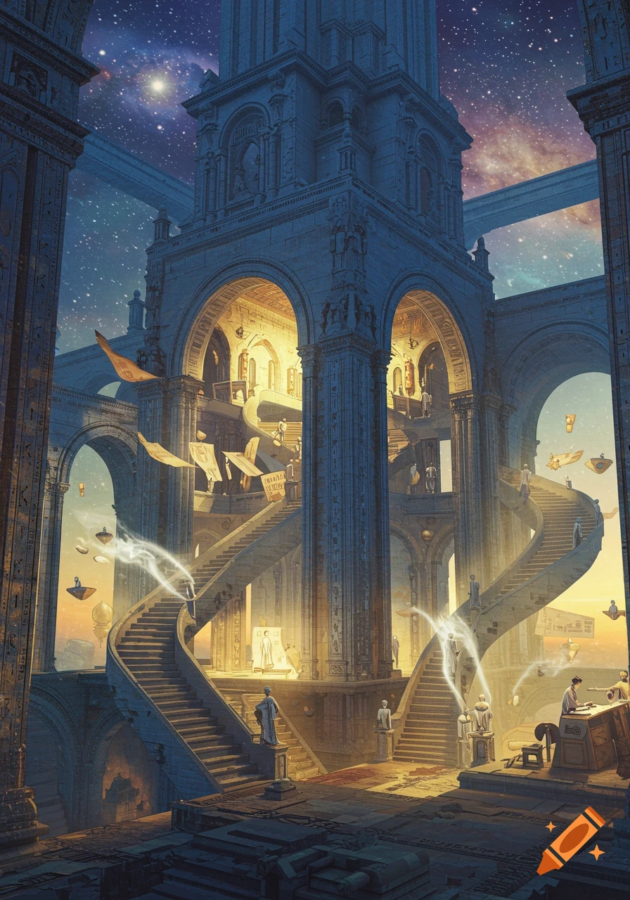 A majestic, impossible temple with grand arches and spiral staircases under a starry sky, with small figures moving within.