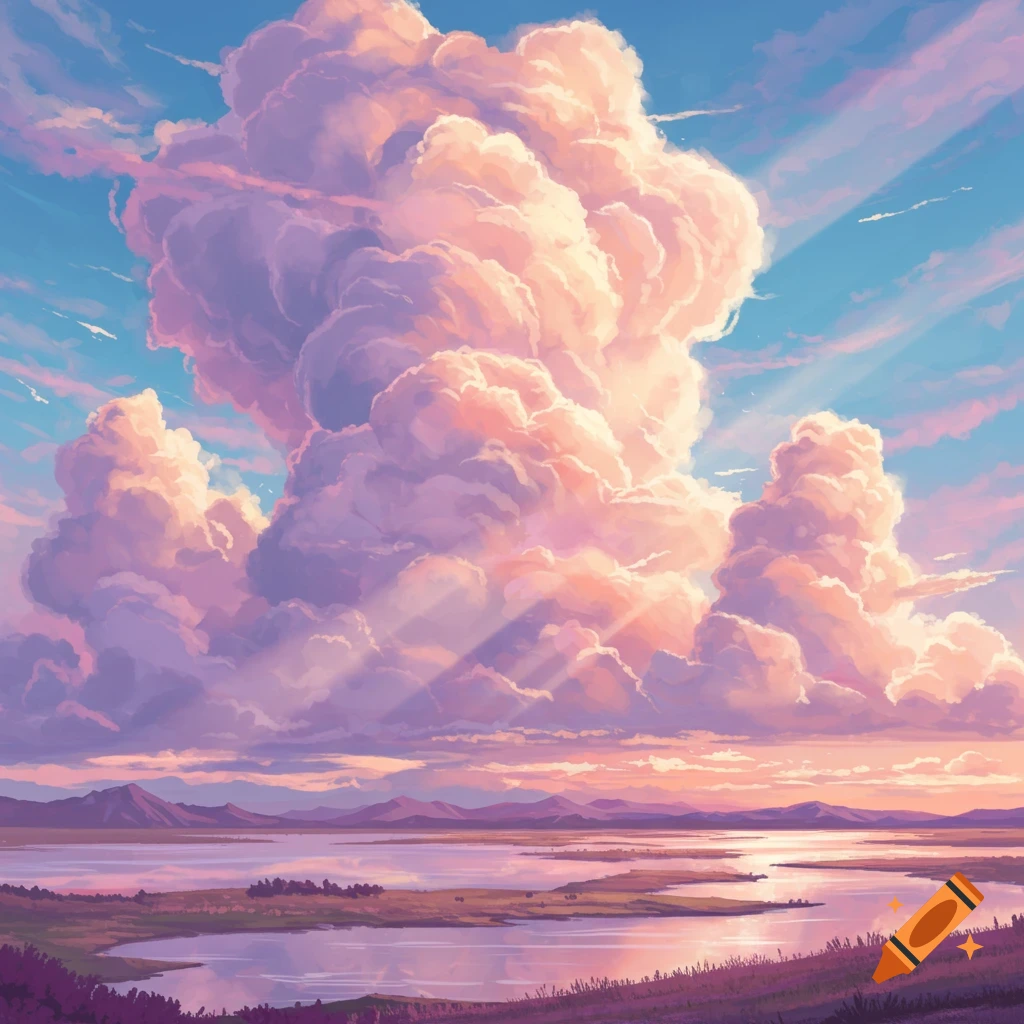 Anime-style landscape with towering pink and purple clouds over a serene lake and distant mountains at sunset.
