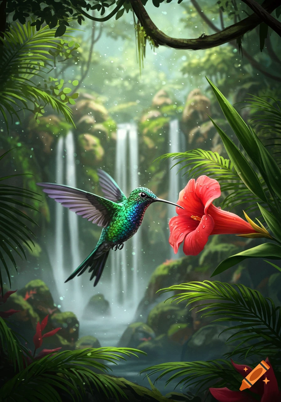 A vibrant green and blue hummingbird hovers near a bright red tropical flower in a lush jungle with cascading waterfalls.