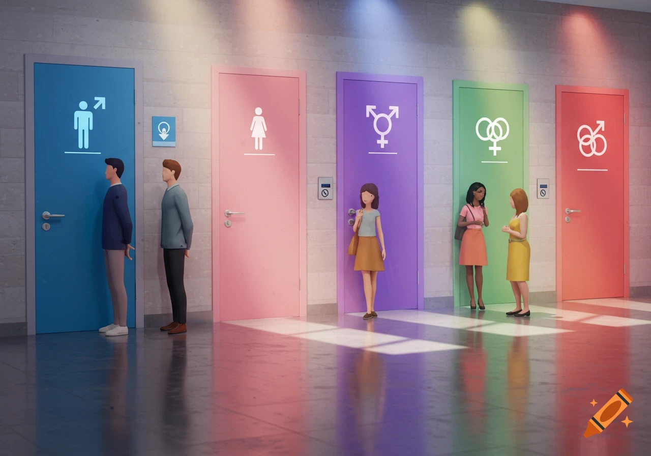 An illustration of six brightly colored bathroom doors with various gender and sexuality symbols, with people standing in front of them.