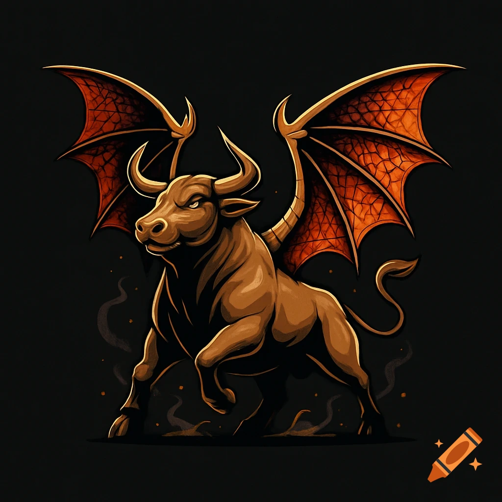 A stylized brown bull with large orange dragon wings stands on a dark background, looking left. Concept art.