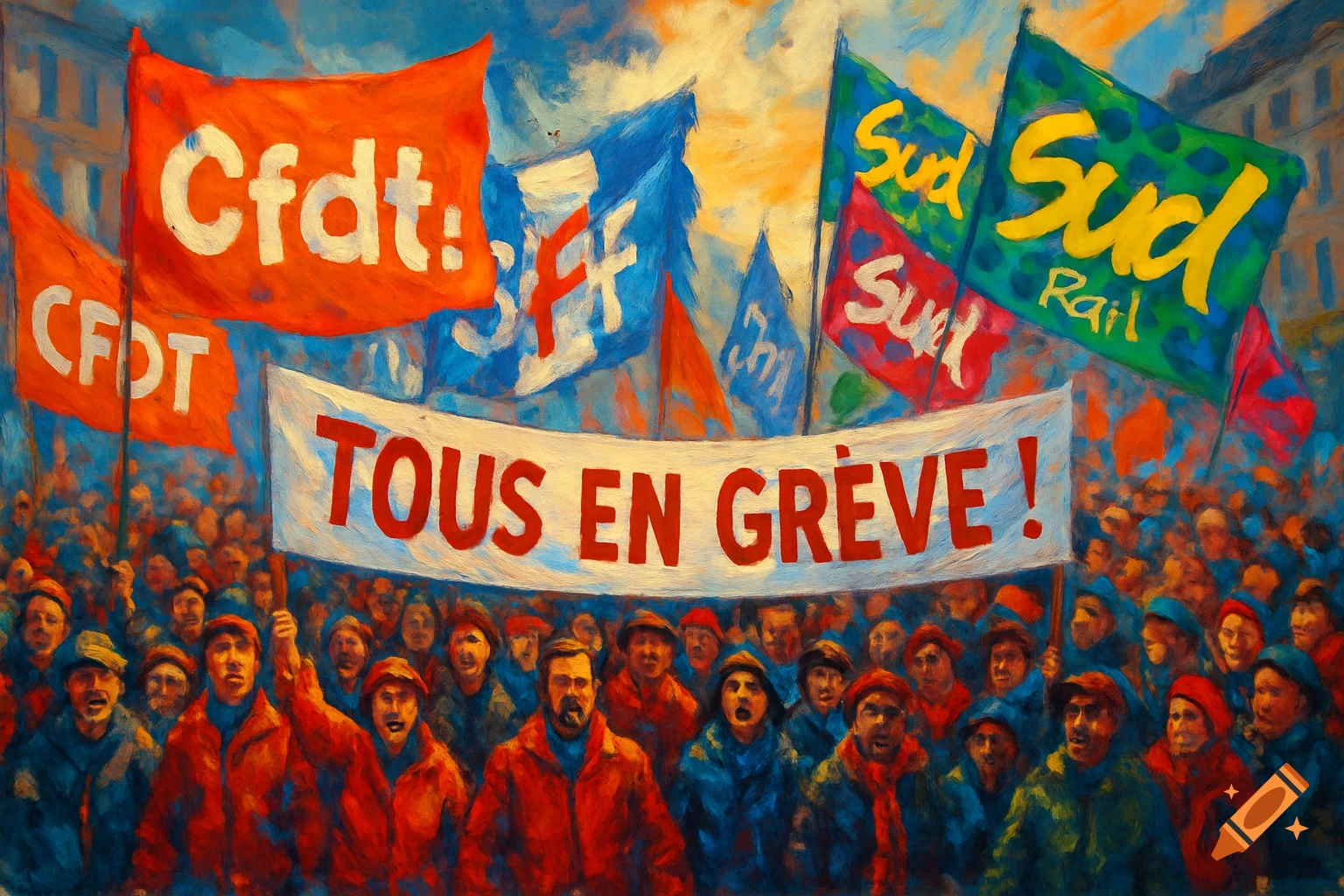 A large crowd of people in a painterly style protest, holding numerous flags and a white banner that reads "TOUS EN GRÈVE!"