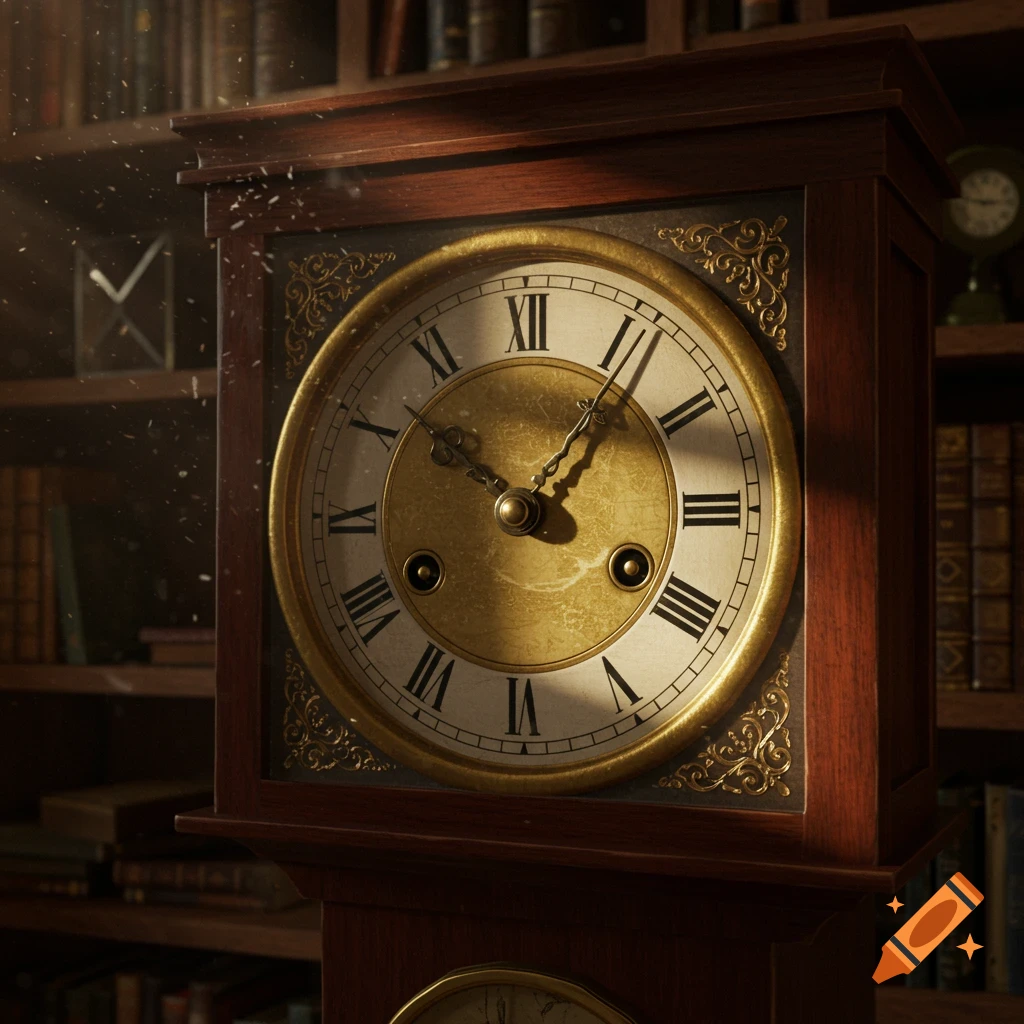 Close-up of a vintage wooden grandfather clock with Roman numerals on a gold and white face, set in a dimly lit library with books in the background. Light rays stream in, highlighting dust motes.