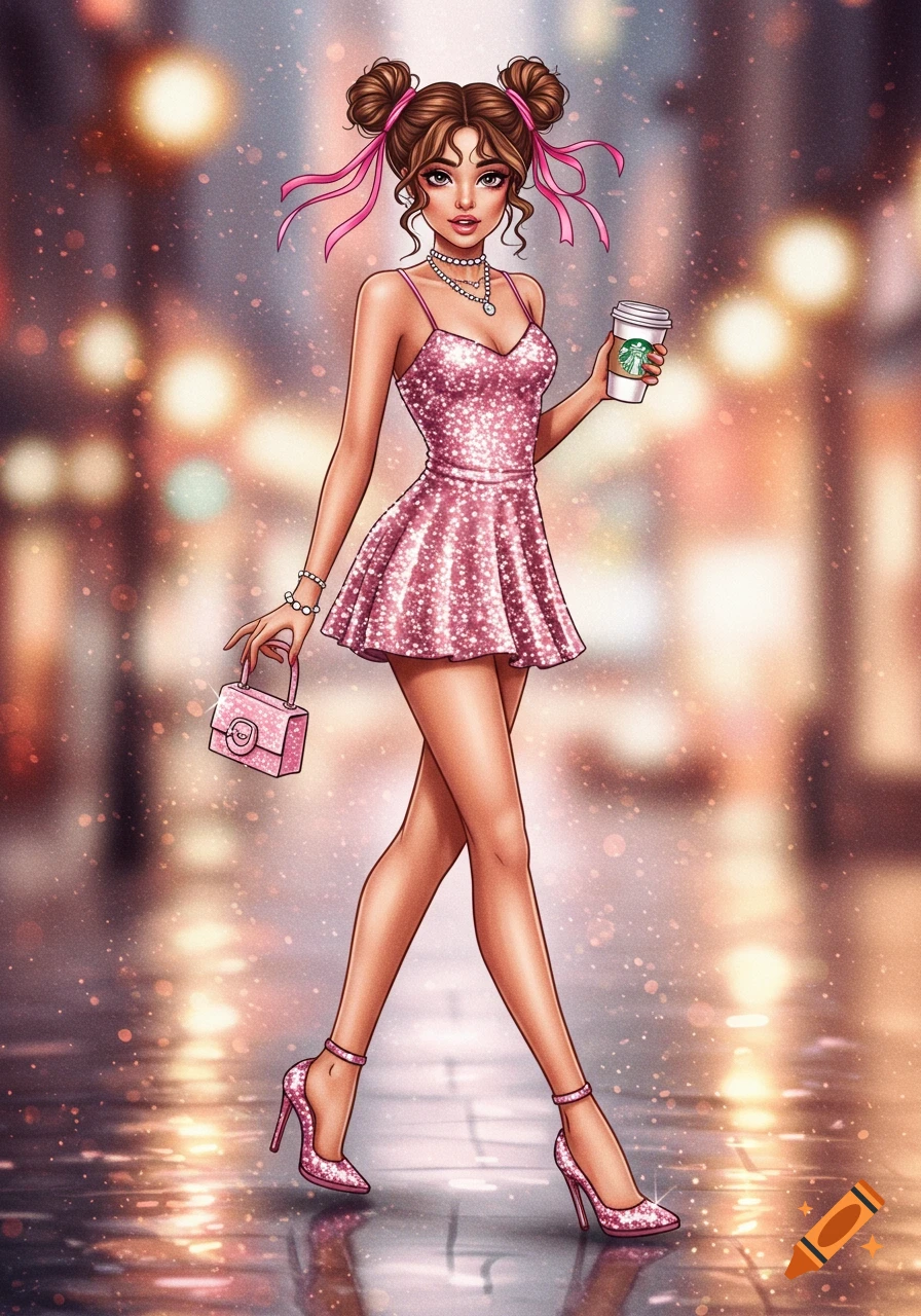A stylized illustration of a woman in a pink glittery mini dress and high heels, holding a coffee cup and a pink purse, walking on a city street at night.