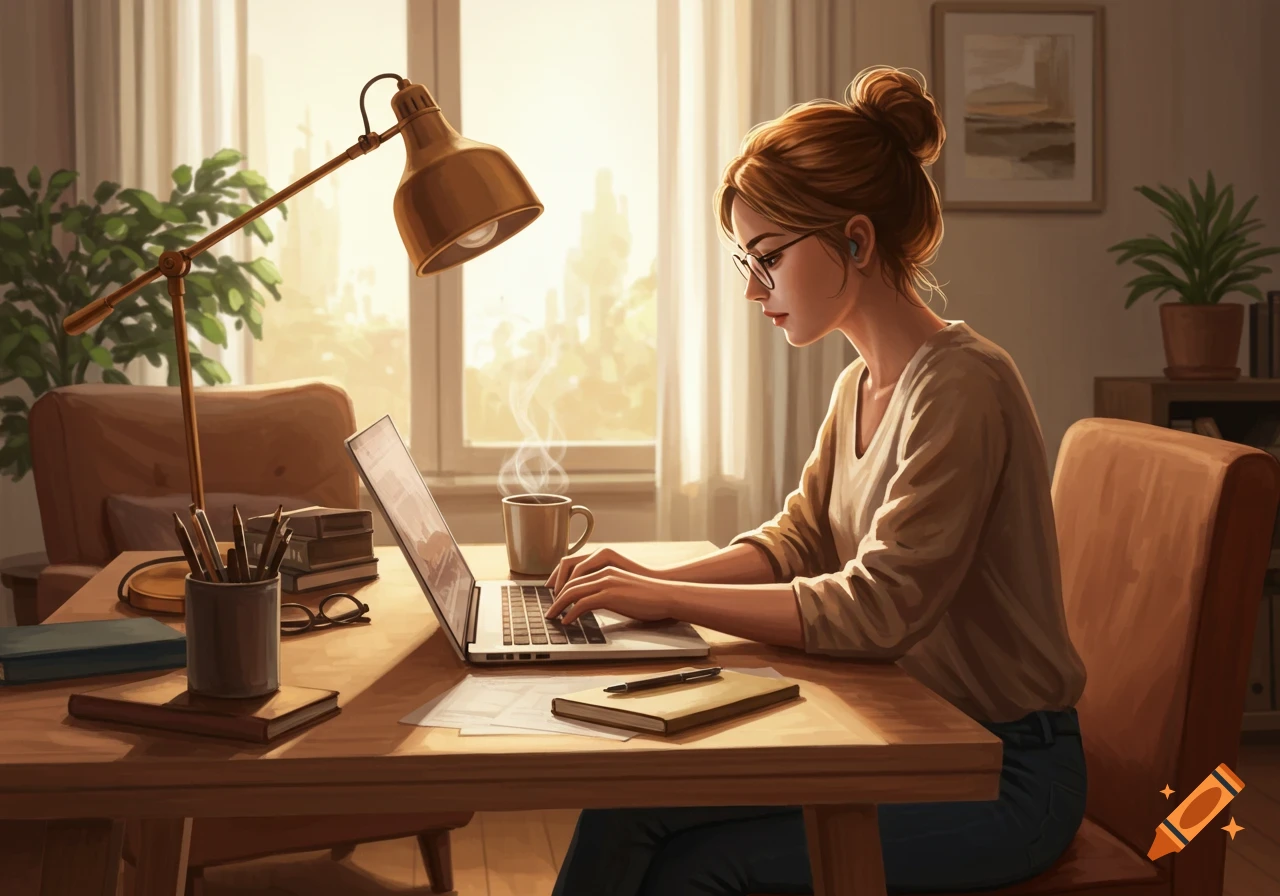 A young woman wearing glasses types on a laptop at a wooden desk in a sunlit home office, with a desk lamp and coffee.