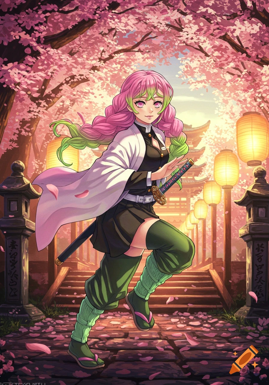 Anime girl with pink and green hair and a sword runs on a path with cherry blossoms and traditional Japanese lanterns.