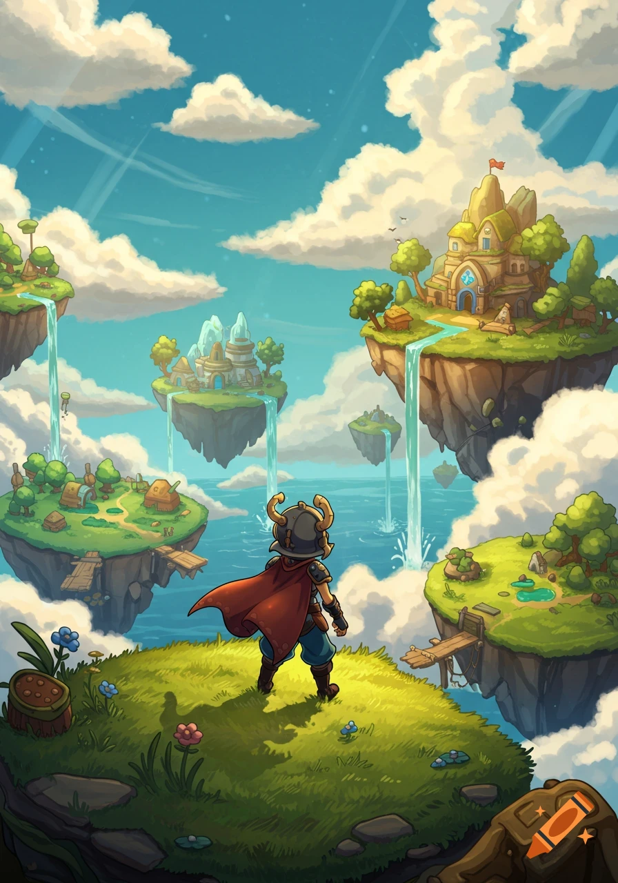 A cartoon character in a red cape and horned helmet stands on a grassy floating island, looking out at other floating islands with villages and castles under a blue sky with clouds and waterfalls.