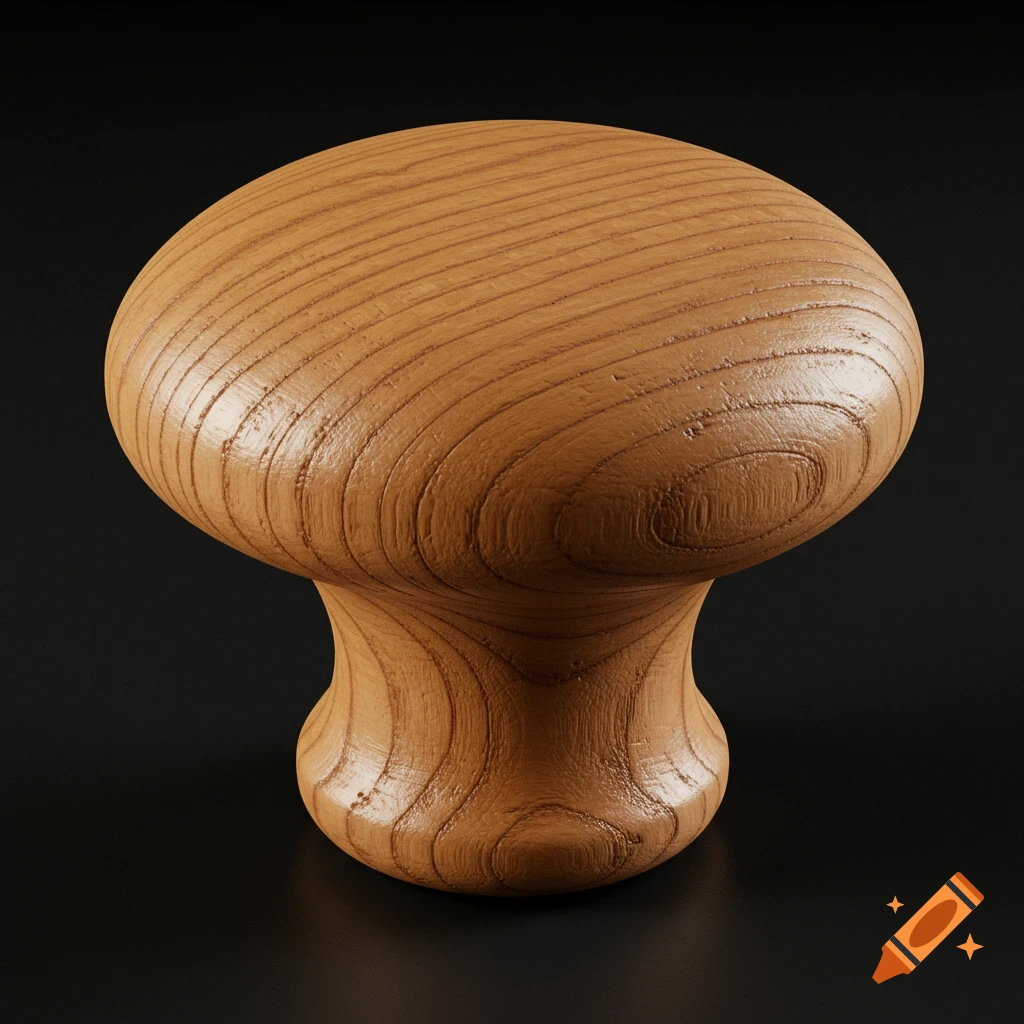 A smooth, mushroom-shaped elm wooden knob with visible grain patterns, against a flat black background.