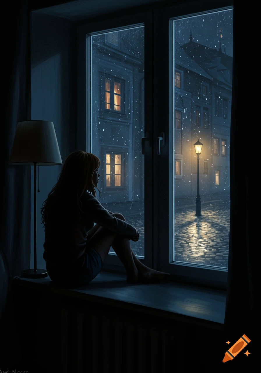 A woman sits on a windowsill at night, looking out at a snowy city street with a glowing lamppost.