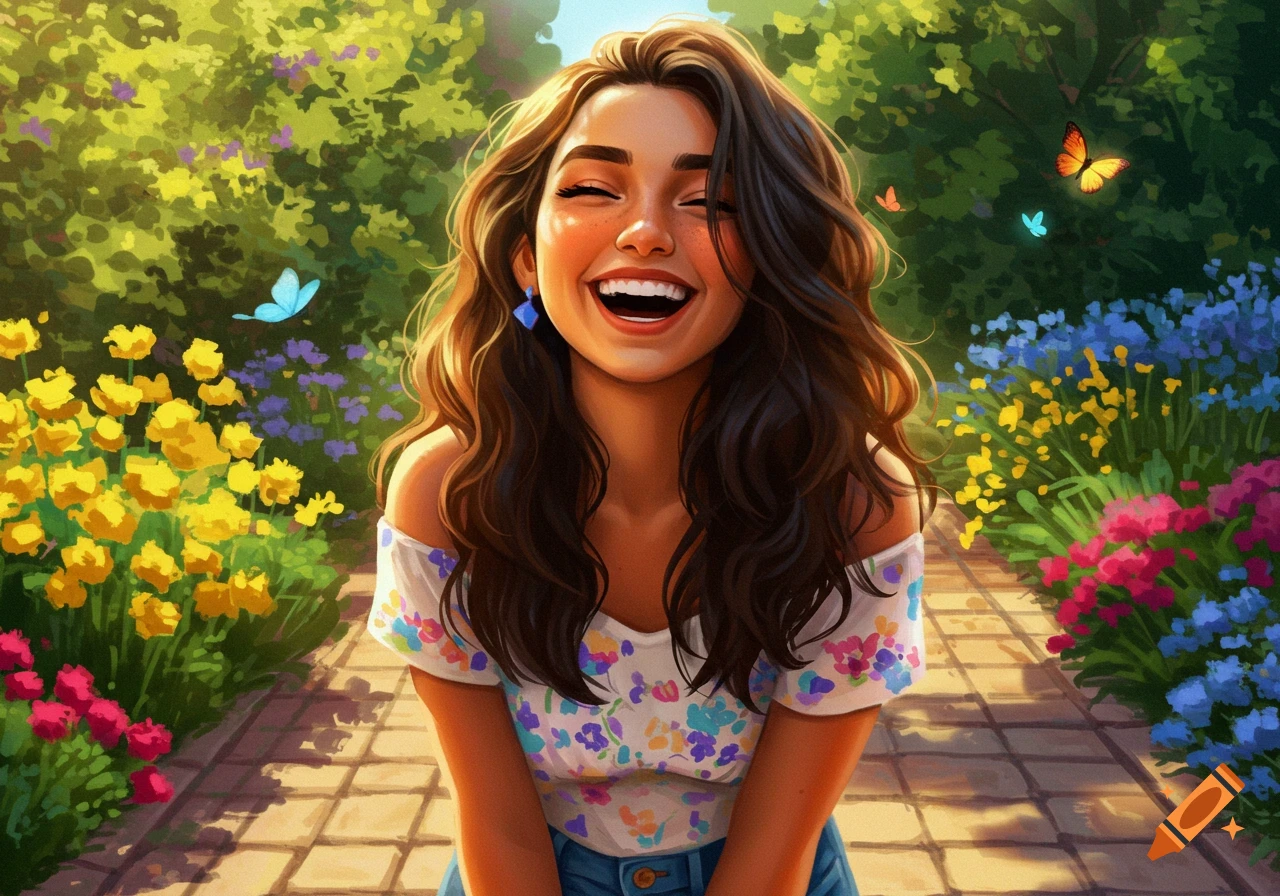 Joyful young woman with long brown hair laughs in a vibrant, sunlit garden with colorful flowers and butterflies. Digital art.