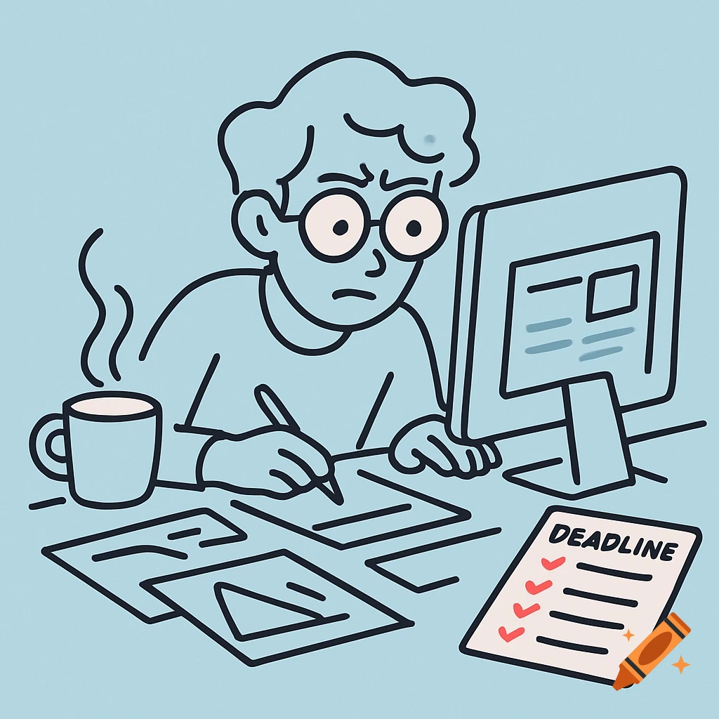 A stressed person in glasses works at a desk with a computer, coffee, and a 'DEADLINE' checklist, in flat line art style.
