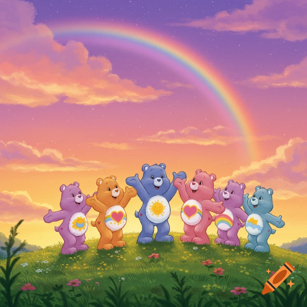 Six colorful cartoon Care Bears stand on a grassy hill with open arms, under a vibrant sunset sky and rainbow.