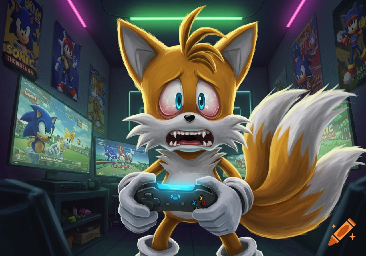 Tails from Sonic the Hedgehog, wide-eyed and stressed, holding an Xbox controller while playing video games in a neon-lit room.
