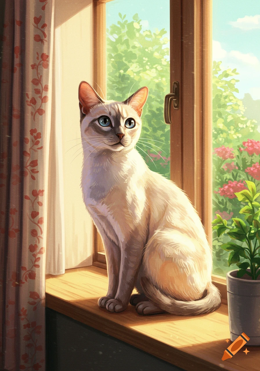 A cream-colored cat with blue eyes sits on a sunlit wooden windowsill, looking out at a bright green garden.