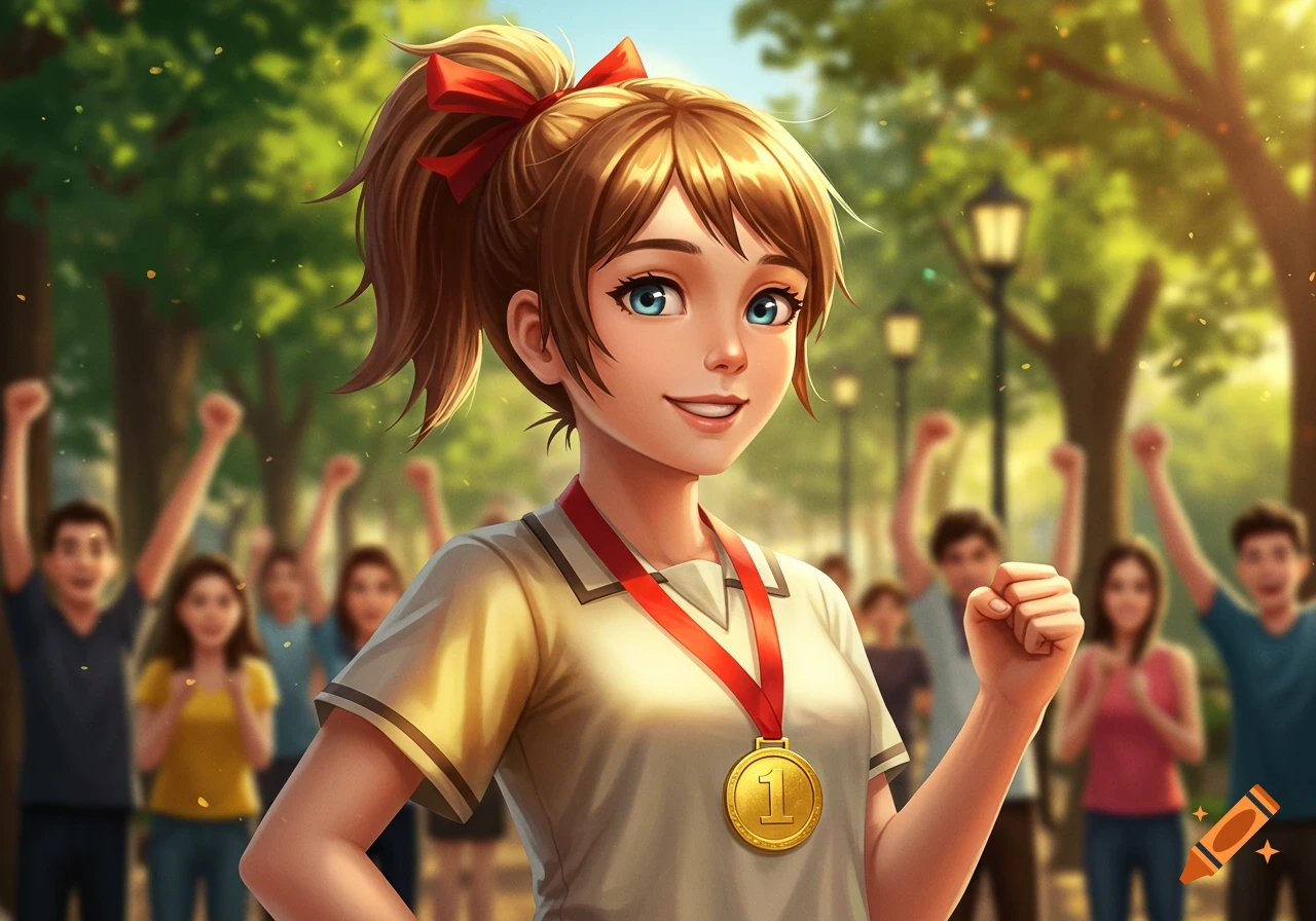 Illustrated girl with a ponytail and a first-place medal smiles in front of a cheering crowd in a park.