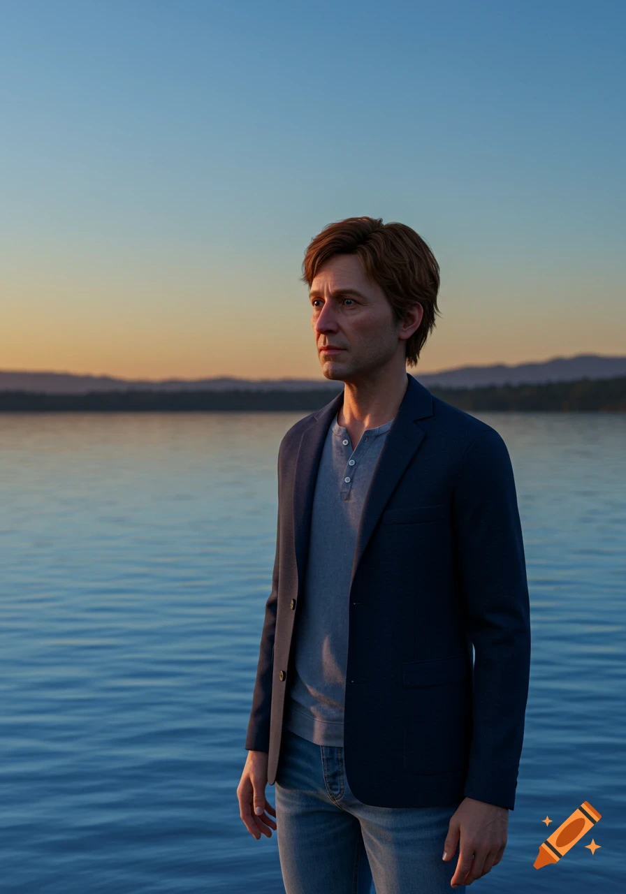 A man with brown hair and a blazer stands looking thoughtfully over a calm lake at sunset.