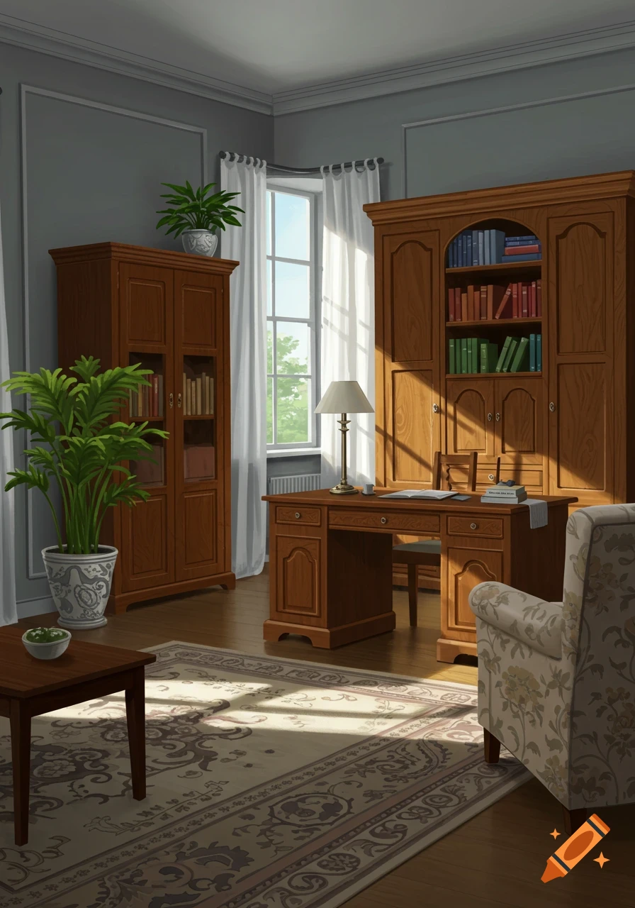 A cozy study room with oak furniture, including a desk, bookcases, and a floral armchair, bathed in sunlight from a large window.