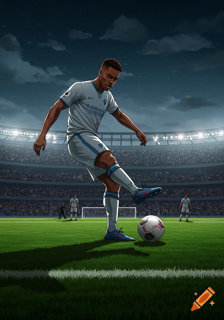 A male soccer player in a white uniform kicks a ball on a green field in a stadium at night. Stylized illustration.