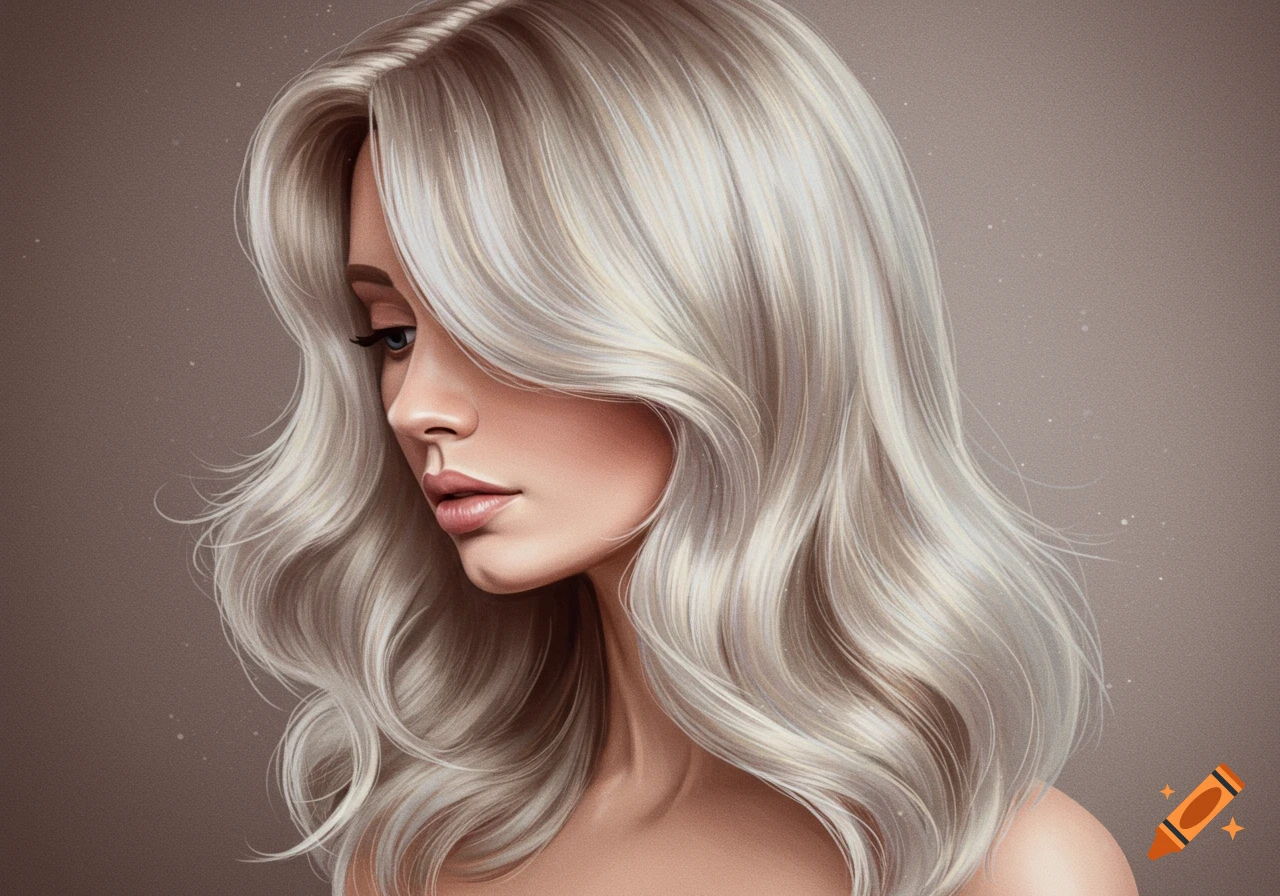 Stylized profile portrait of a woman with voluminous, wavy platinum blonde hair against a neutral background.