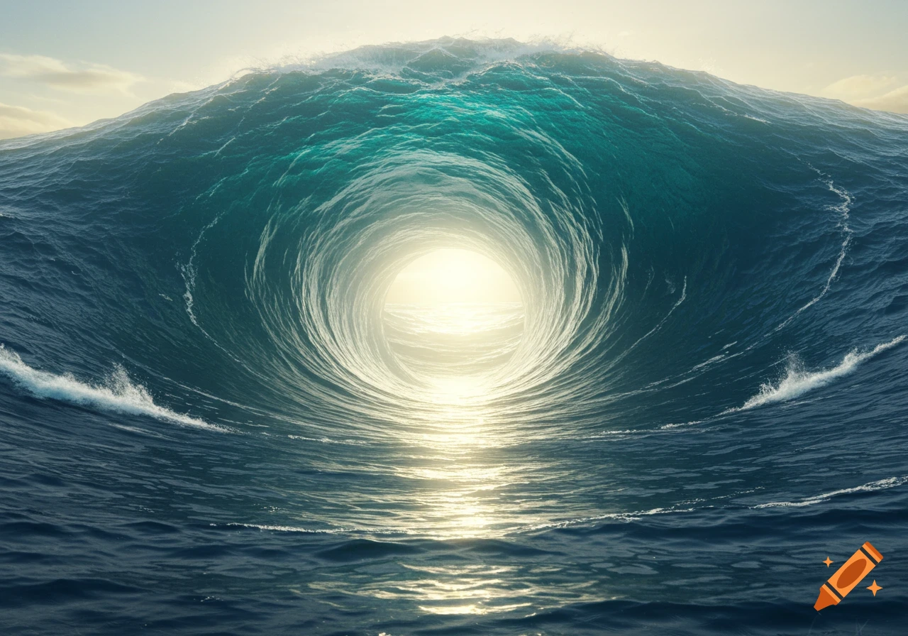 A massive, deep blue ocean wave curls into a perfect tunnel with bright light shining from its opening, under a hazy sky.