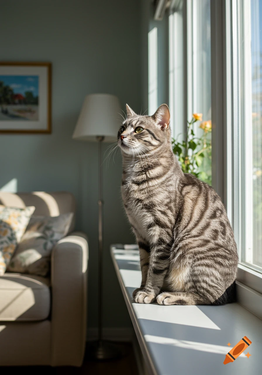 A photorealistic tabby cat with stripes sits on a white windowsill, looking up into sunlight, with a living room behind it.