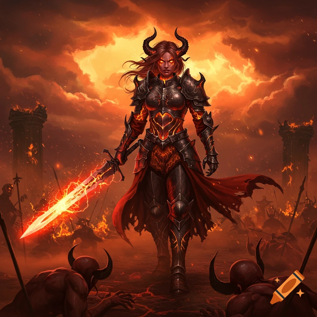 A powerful horned demon warrior in black and red armor wields a fiery sword, standing over fallen creatures in a hellish, burning landscape.