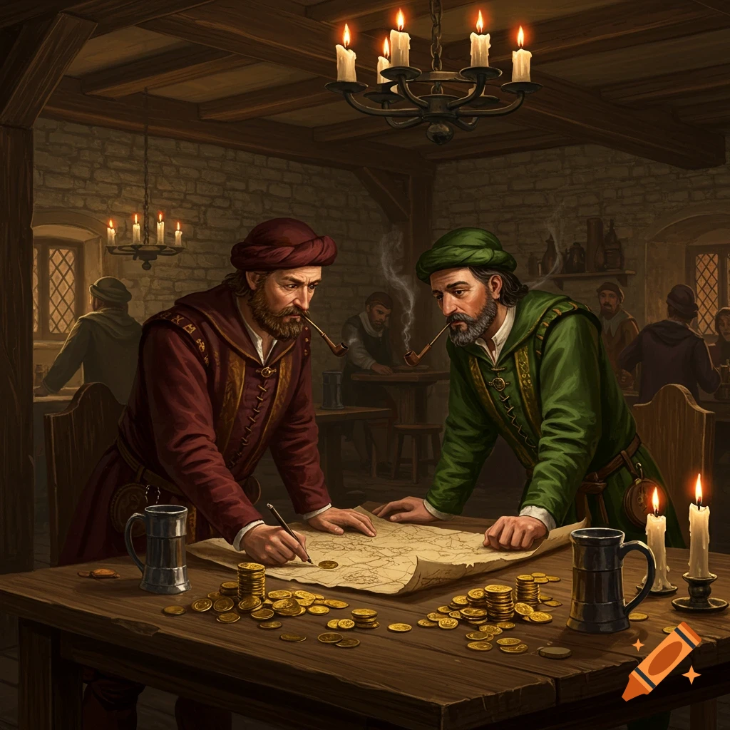 Two medieval merchants in a candlelit tavern examine a map covered in gold coins, with one pointing with a quill.