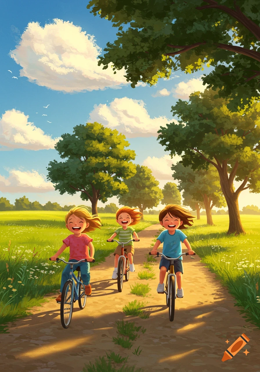 Three happy children ride bicycles on a sunny dirt path through a green field with trees, in an animated illustration style.