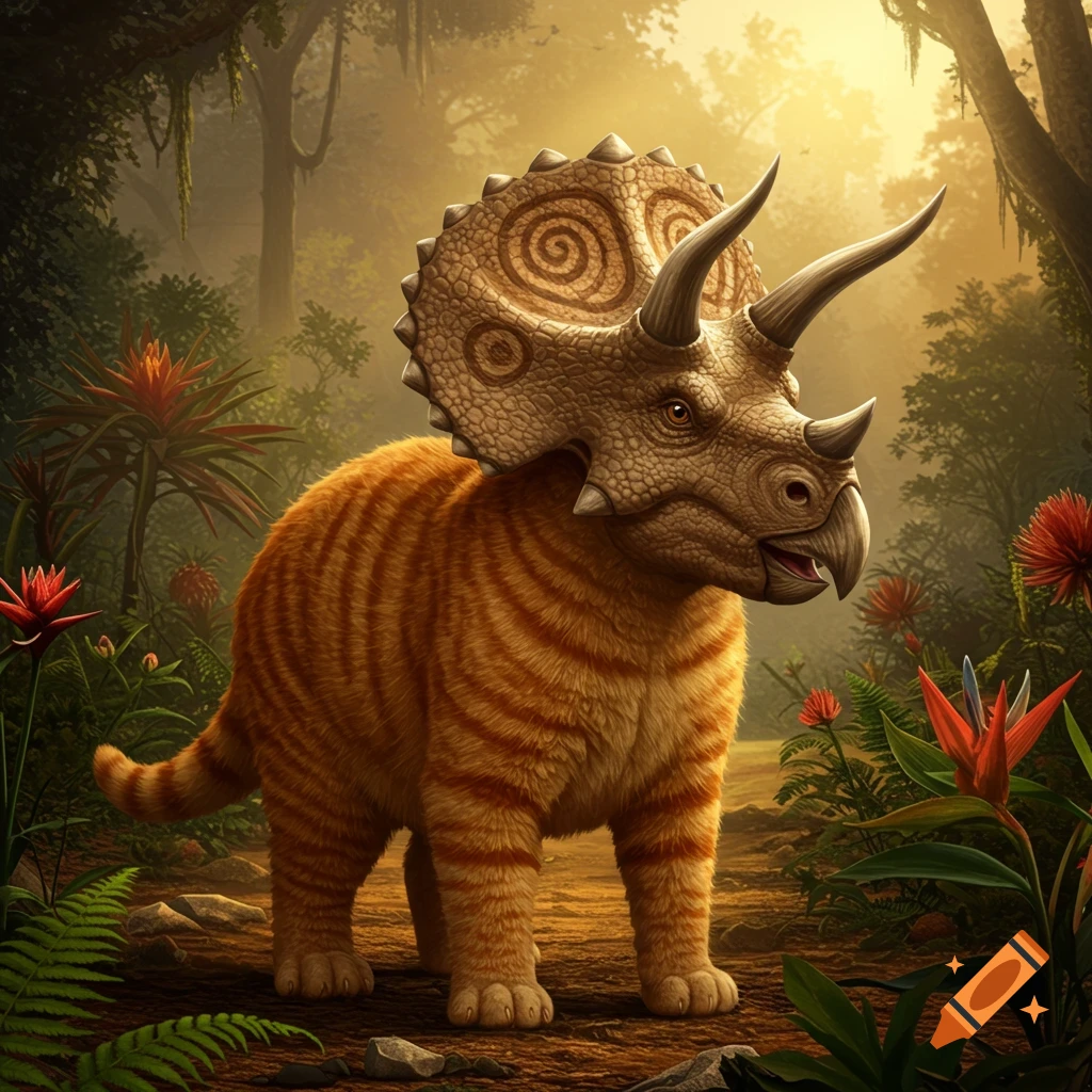 A ginger cat with a triceratops head, horns, and frill stands in a lush, sunlit prehistoric jungle.