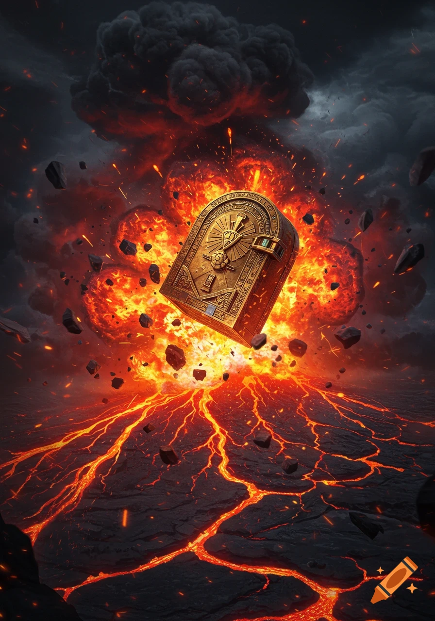 A golden, ornate vault is launched upwards amidst a fiery volcanic eruption, with lava flows and smoke.
