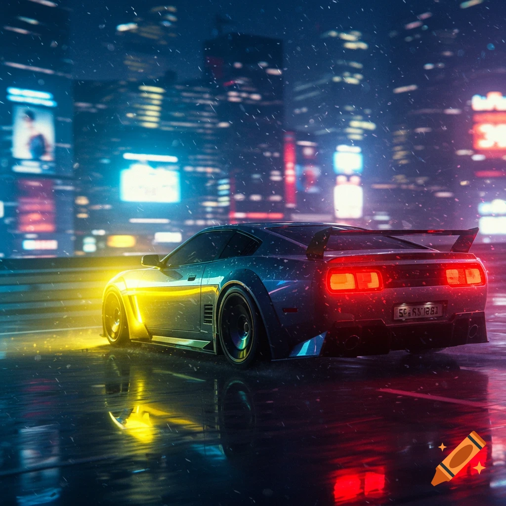 A sleek futuristic car drives through a rainy cyberpunk city at night, illuminated by neon lights and reflections.