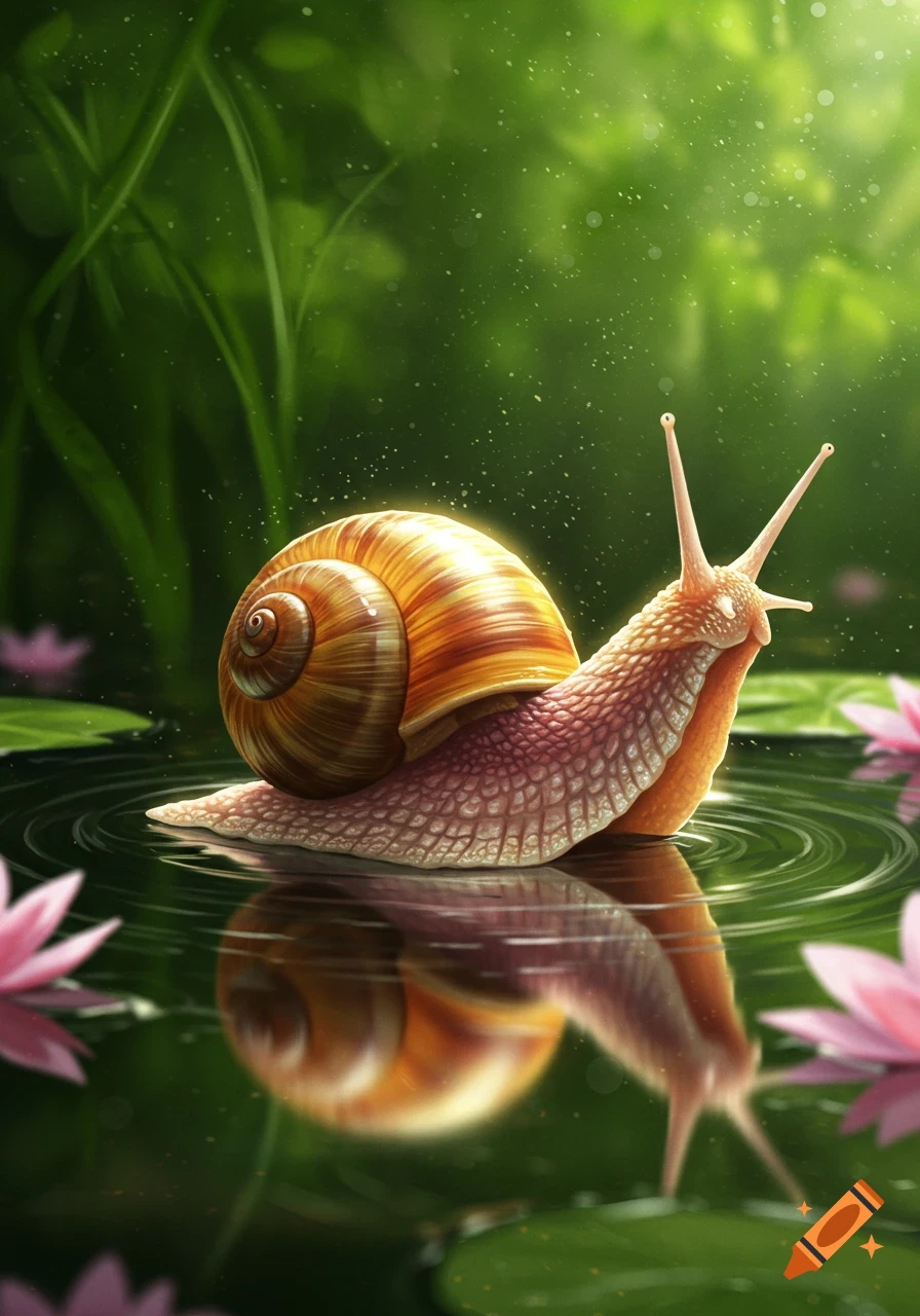 A stylized snail with an orange shell and pink body on dark water with pink water lilies and a green background.
