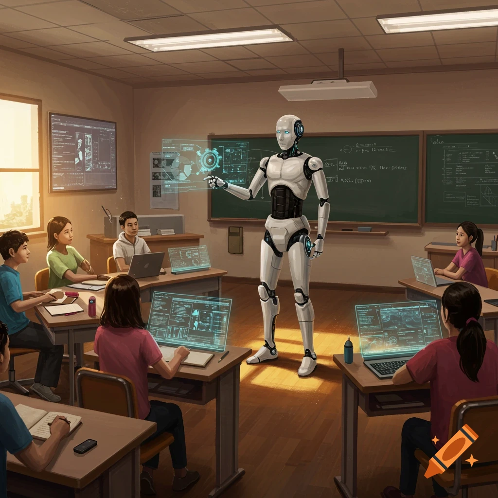 A humanoid robot teacher instructs students in a futuristic classroom with holographic displays and laptops, digital art.