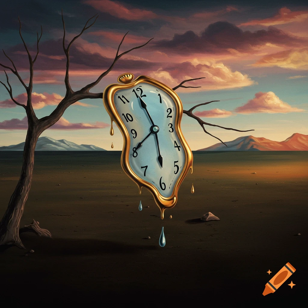 A surrealist painting of a melting gold pocket watch hanging from a bare tree branch in a desolate landscape at sunset.
