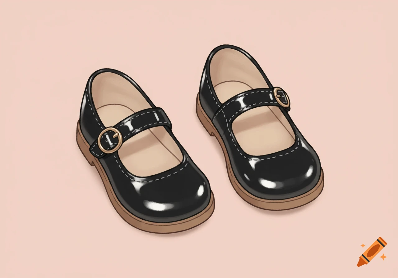 A cartoon illustration of a pair of black patent leather Mary Jane shoes with flat beige soles on a light pink background.