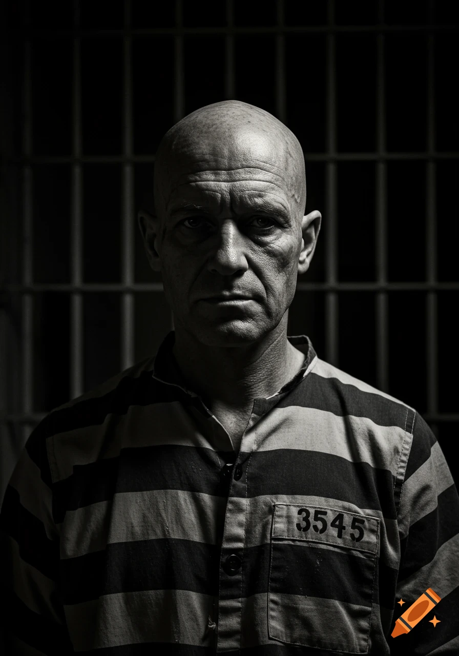 A black and white, grainy portrait of a bald prisoner in a striped uniform, looking grimly at the viewer in a cell.