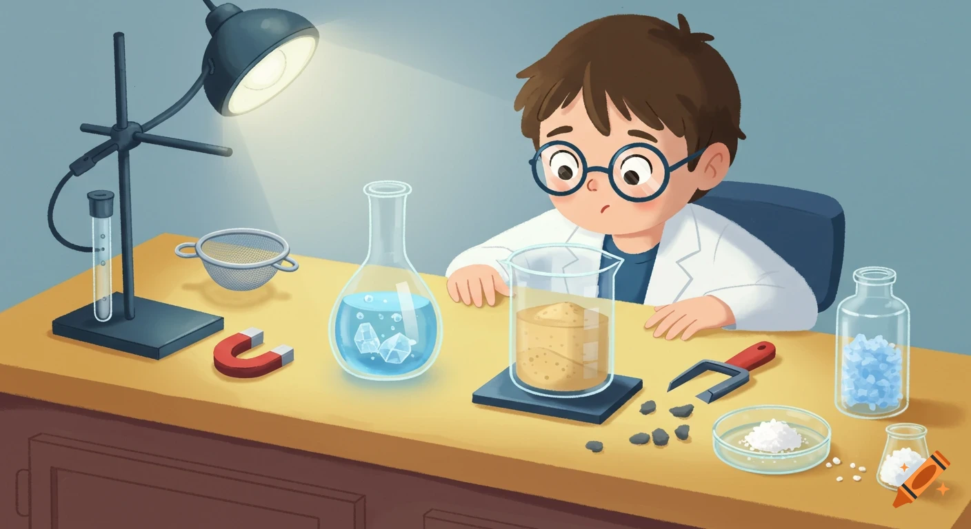 A curious cartoon boy with glasses and a lab coat observes beakers with liquids and sand, and various science tools on a desk.