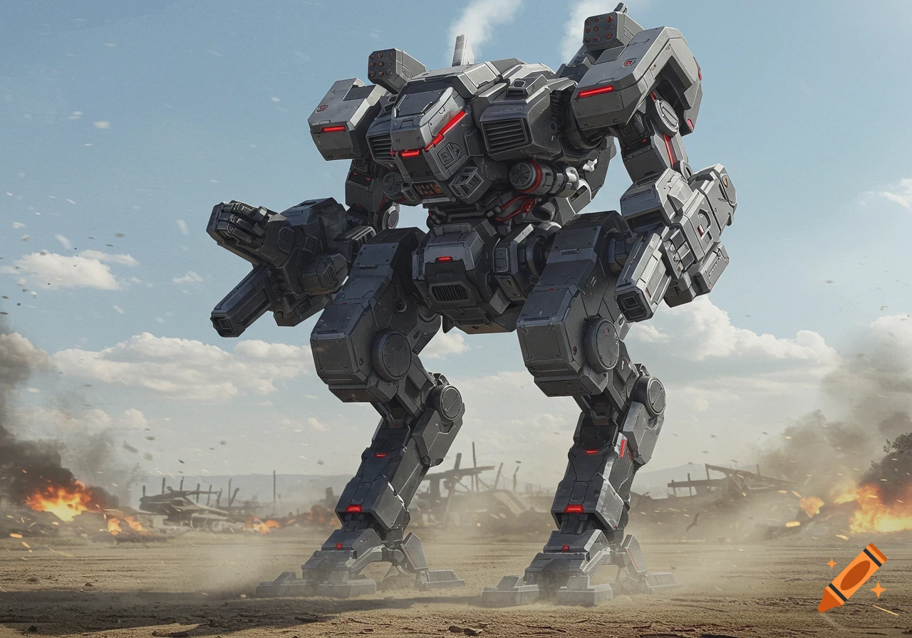 A detailed, grey bipedal military mecha stands in a desolate, smoky, war-torn landscape with explosions.