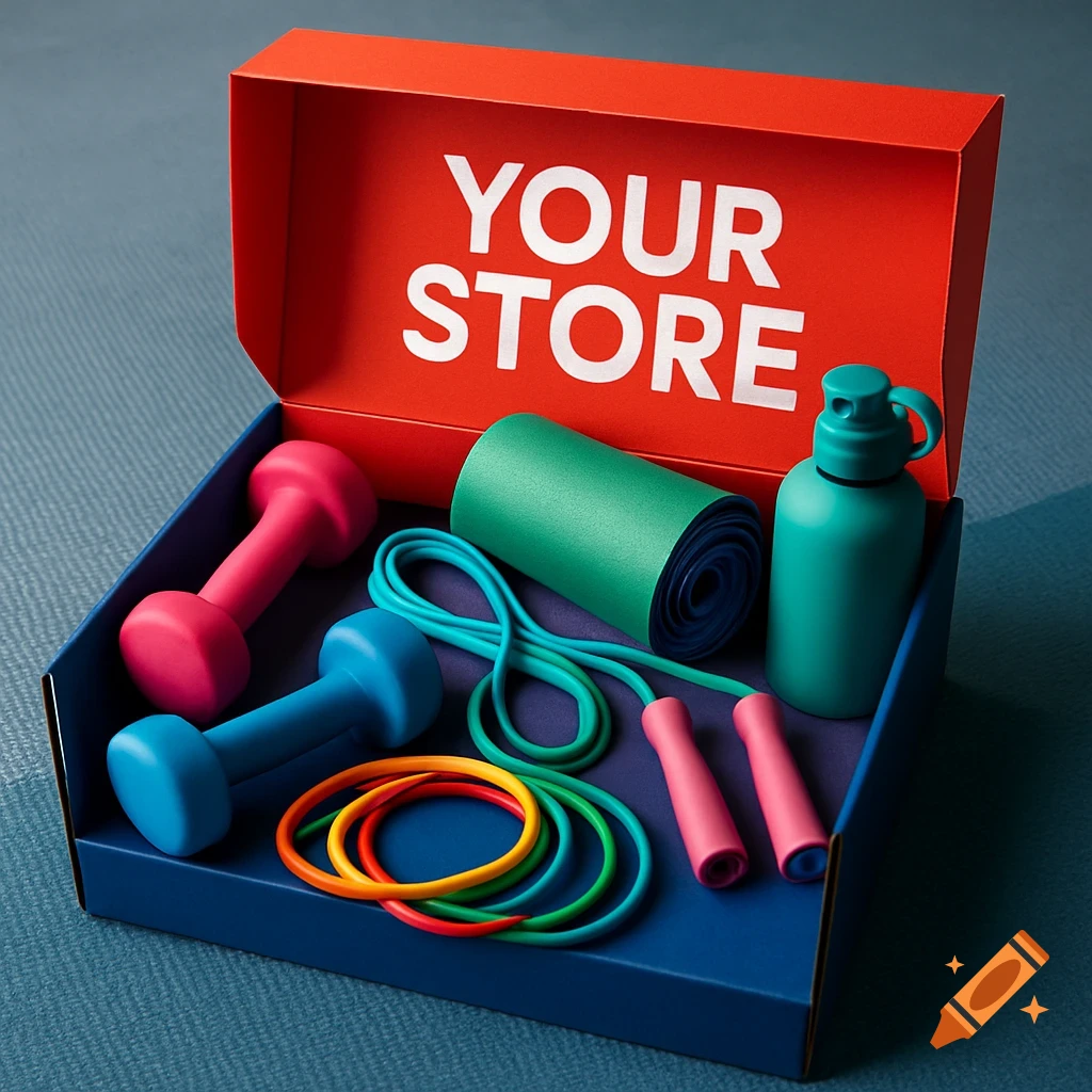 Colorful fitness equipment including dumbbells, yoga mat, jump rope, water bottle, and resistance bands in an open marketing box with 'YOUR STORE' on the lid.
