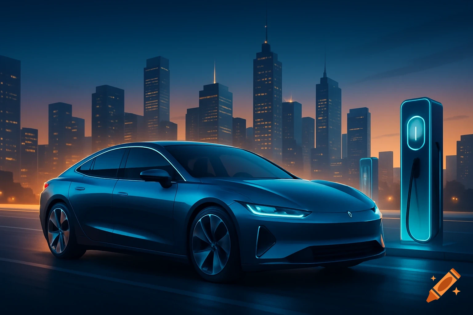 A sleek blue electric car parked in a futuristic cityscape at dusk, next to a glowing charging station.