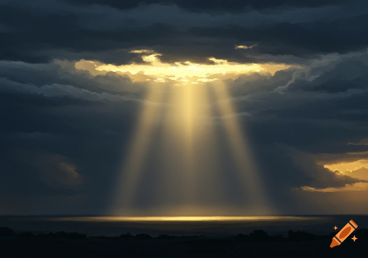 Dramatic golden sunbeams break through dark storm clouds, illuminating a distant body of water.