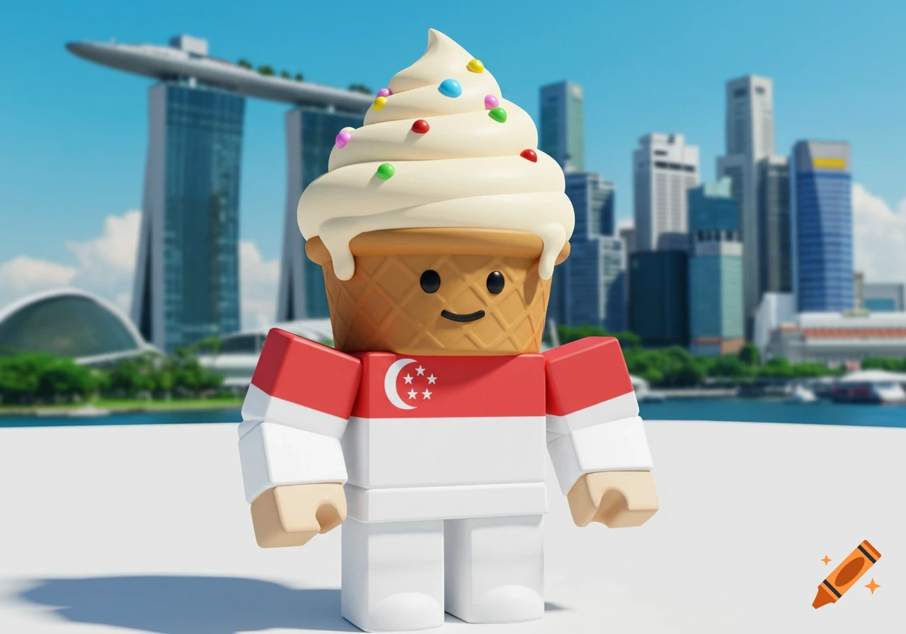 A 3D render of a Roblox-style ice cream character wearing a Singapore flag shirt, standing against a blurred Singapore skyline.