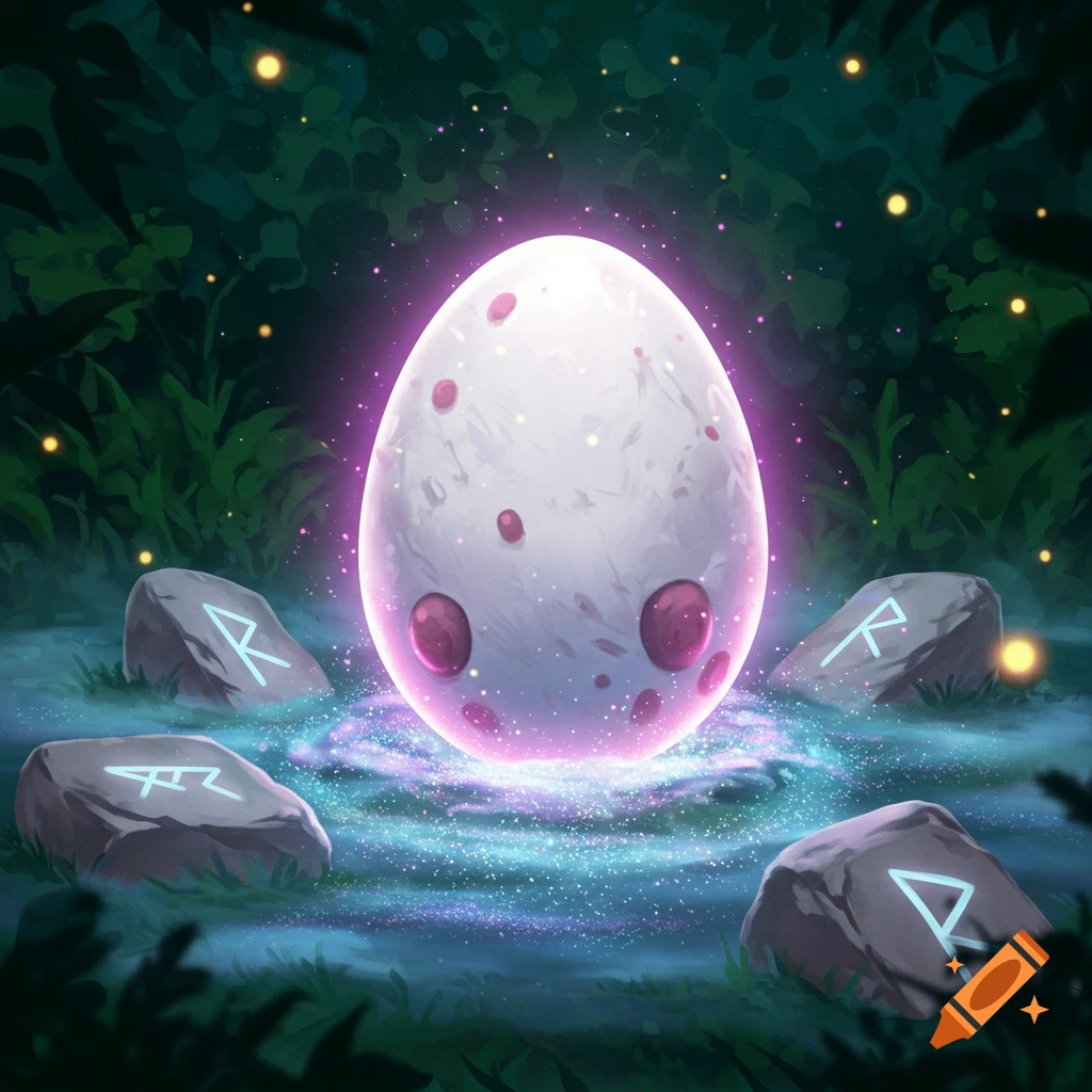 A glowing white and pink-purple speckled egg sits amidst rocks with runes in a dark, mystical forest.